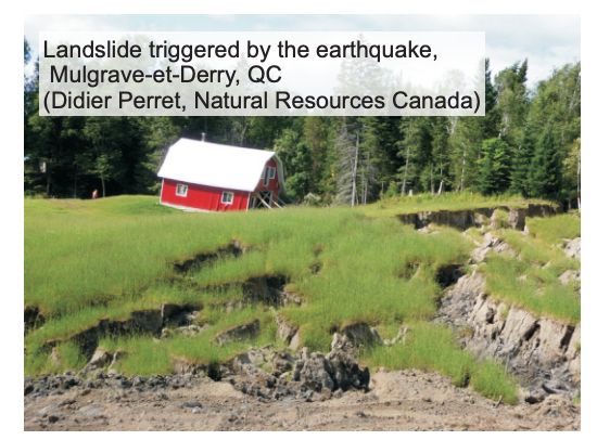 Photo of a red barn that was impacted by a landslide following a M5 earthquake in Quebec. Brown soils outline the landslide, with green grassy fields and trees in the background.