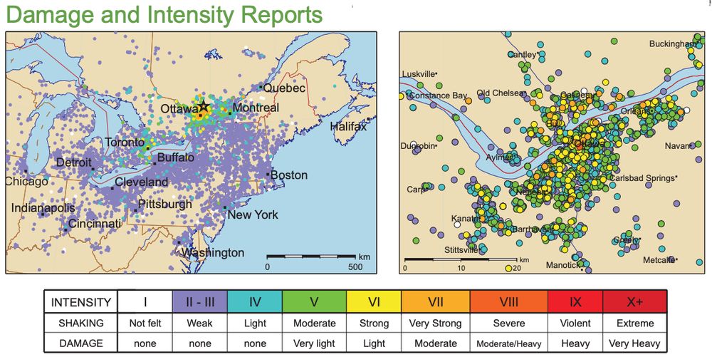 Maps showing how the June 23, 2010 M5 earthquake near Val des Bois, Quebec, was felt across eastern North America (to a distance of nearly 1000 km). Map on the right is a closeup of felt shaking reports from the epicentral region where some damage occurred and landslides were triggered.