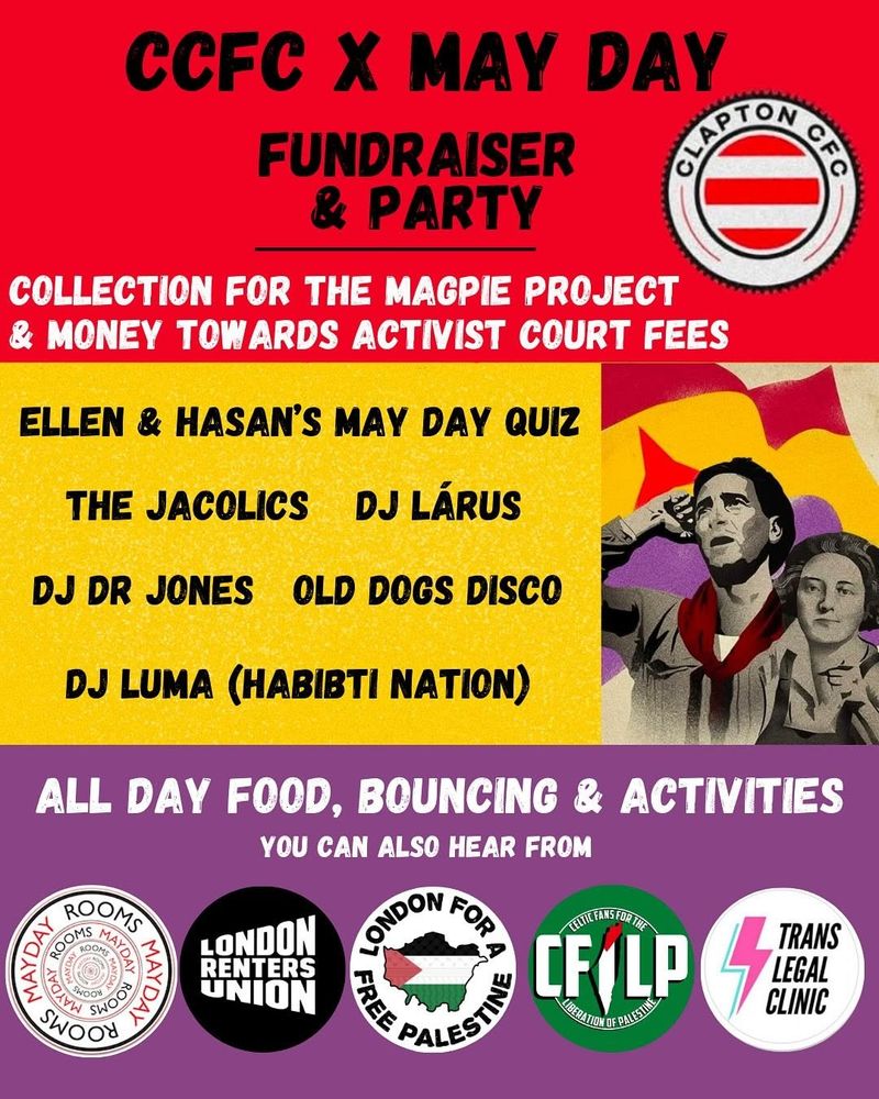 Everyone welcome to our first May Day party: join us for music, food & activities for all ages as we celebrate international worker’s day ✊

