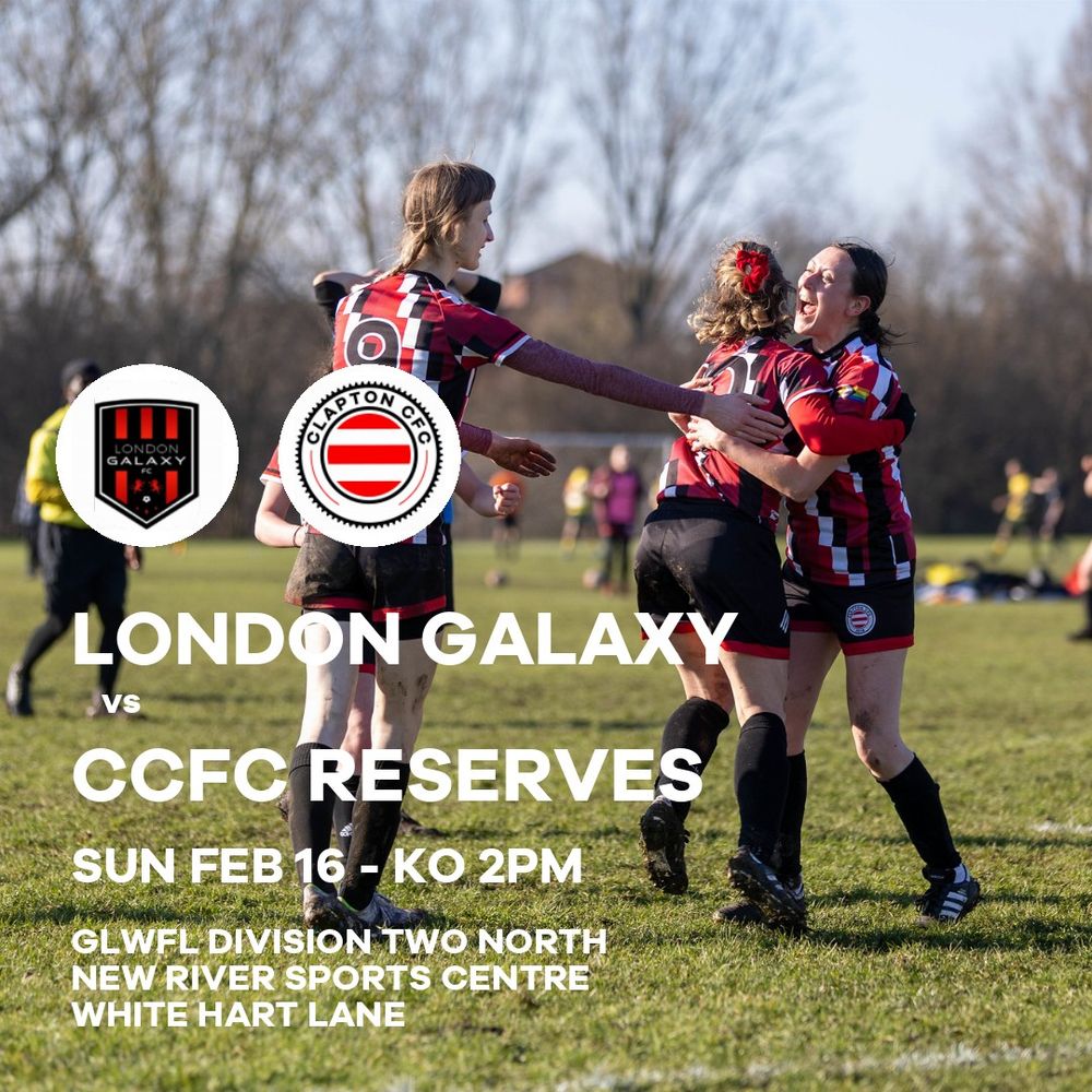 After last week’s big cup win, it’s a free weekend for the Women’s First Team. However, why not come and support the Reserves in a top of the table clash instead?

It’s second placed London Galaxy against CCFC who are in first place. The game takes place on the second pitch at New River, entry via the leisure centre main entrance.

📍 White Hart Lane, N22 5QW
🕜 Kick off 2pm
🏆 @glwfl Division Two North
🚇 Wood Green
🎟️ Free entry