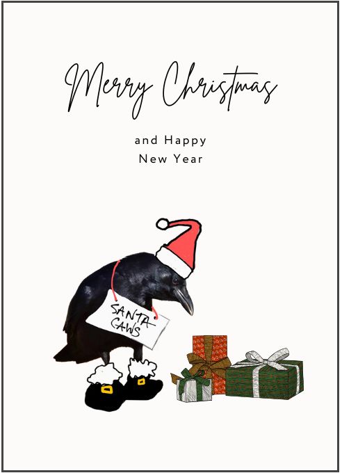 A Christmas card with a photographed crow removed from the original photograph and pasted on a blank background standing in front of a pile of gift-wrapped presents. The crow is wearing a hand-drawn Santa hat, Santa boots with buckles, and is wearing a hand-drawn sign around its neck that reads "SANTA CAWS" The message on the card reads "Merry Christmas and Happy New Year"