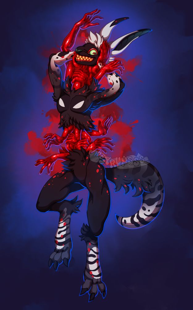 A digital illustration of a strange anthropomorphic monster. It somewhat resembles a lemur, and its abdomen and neck have been replaced by many red hands protruding out to grab each other and the character's own body.