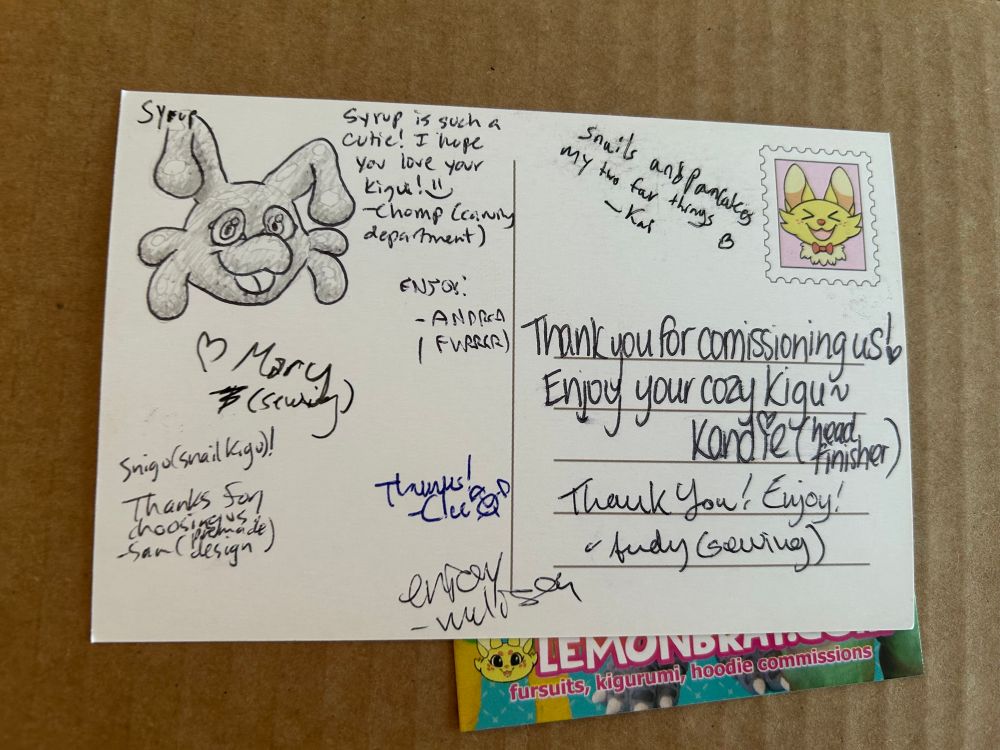 A photo of a postcard that accompanied the kigurumi in the package, signed by the members of the Lemonbrat team that made it.