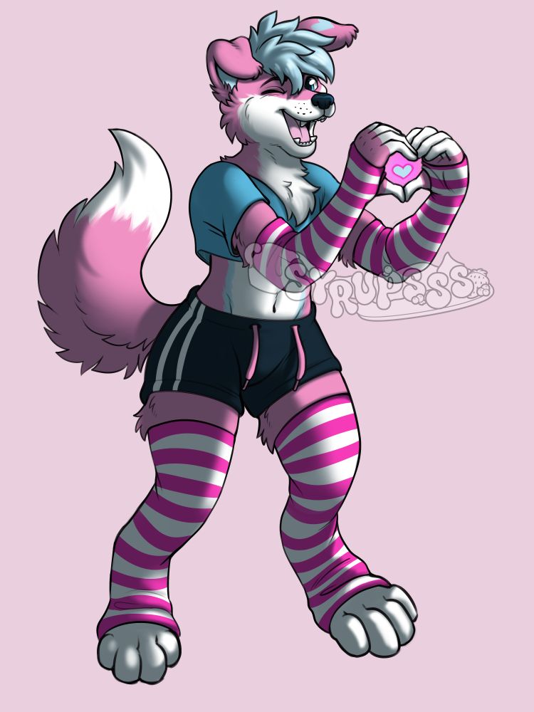 A digital sketch of an anthropomorphic dog character. He is holding up his hands and forming a heart with his fingers, winking at the viewer with mouth open. He is pink, white, and blue like bubblegum, and wearing pink and white striped arm and leg warmers, a blue crop top, and black and white shorts.