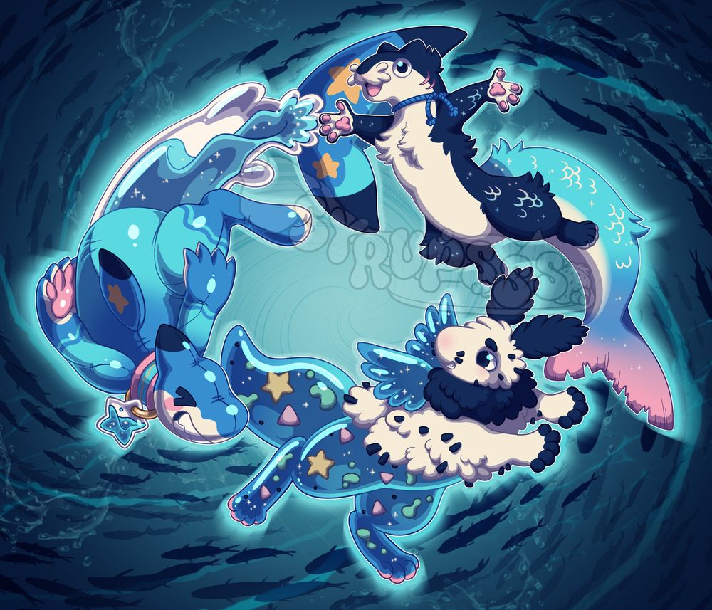 A digital illustration of three marine-inspired characters swimming around in a whirlpool with smaller indiscriminate fish swarming around them. They all have the same color palette.
