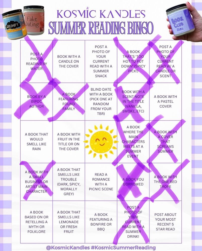 Kosmic Kandles summer reading bingo card with 12 squares crossed off. The most recent being “a book featuring found family”