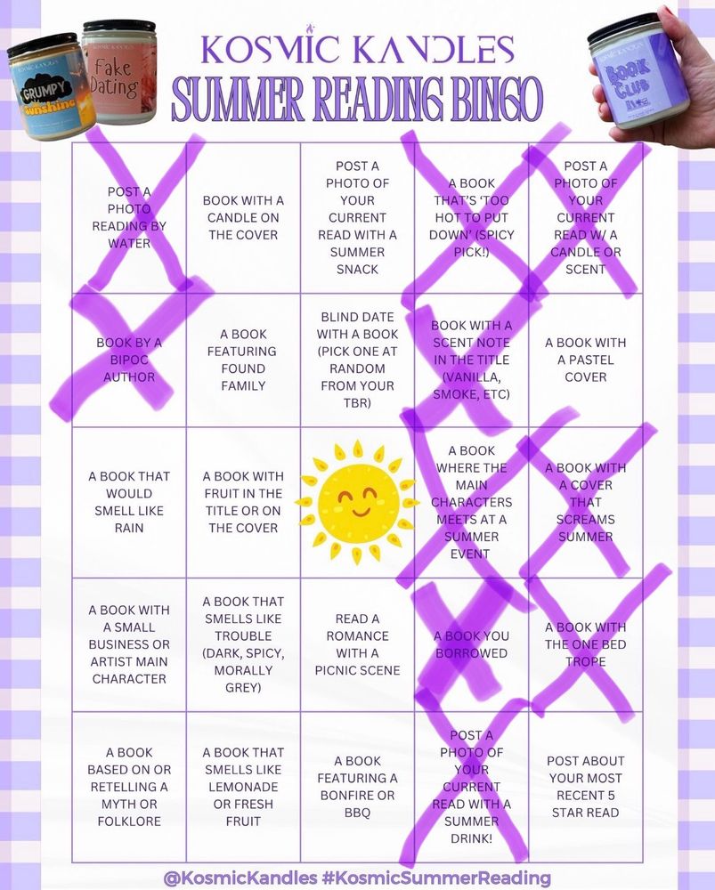 Laura’s Kosmic Kandles Summer Reading Bingo card with 10 total squares crossed off