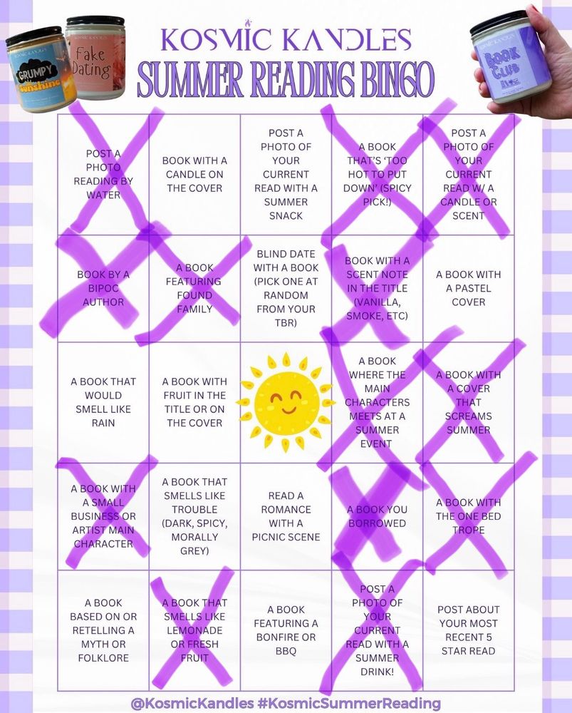 Kosmic Kandles Summer Reading bingo card with 13 squares crossed off. The most recent being “a book that smells like lemonade or fresh fruit.”