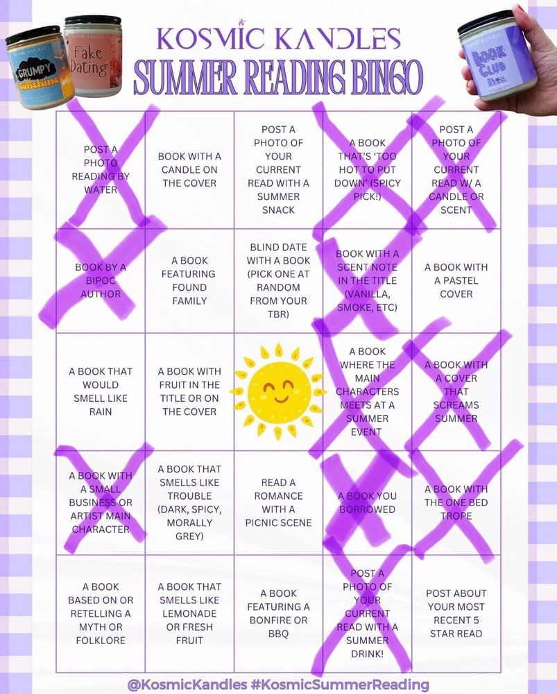 Kosmic Kandles Summer Reading Bingo card with 11 squares crossed off. The most recent being “A book with a small business or artist main character.”