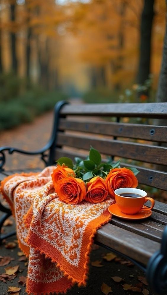 Autumn mode… pleasing orange in blanket, roses and a warm cup of tea. 