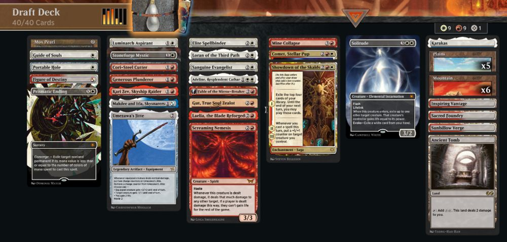 Deck
1 Mox Pearl (LEA) 0
1 Fable of the Mirror-Breaker (NEO) 141
1 Ancient Tomb (UMA) 236
1 Solitude (SPG) 44
1 Adeline, Resplendent Cathar (MID) 1
1 Laelia, the Blade Reforged (C21) 53
1 Generous Plunderer (BIG) 11
1 Makdee and Itla, Skysnarers (OM1) 145
1 Kari Zev, Skyship Raider (KLR) 133
1 Figure of Destiny (EVE) 139
1 Guide of Souls (MH3) 29
1 Mine Collapse (MH2) 135
1 Karakas (UMA) 244
1 Sunbillow Verge (DFT) 264
1 Screaming Nemesis (DSK) 157
1 Portable Hole (AFR) 33
1 Umezawa's Jitte (BOK) 163
1 Loran of the Third Path (BRO) 12
1 Comet, Stellar Pup (UNF) 166
1 Prismatic Ending (SPG) 40
1 Cori-Steel Cutter (TDM) 103
1 Luminarch Aspirant (ZNR) 24
1 Gut, True Soul Zealot (CLB) 399
1 Showdown of the Skalds (KHM) 229
1 Sacred Foundry (GRN) 254
1 Inspiring Vantage (KLR) 283
1 Elite Spellbinder (STX) 17
1 Sanguine Evangelist (LCI) 34
1 Stoneforge Mystic (SPG) 29
6 Mountain (ANA) 17
5 Plains (ANA) 22

Sideboard
1 Cosmogrand Zenith (EOE) 9
1 Nethergoyf (MH3) 103
1 Overlord of the Mistmoors (DSK) 23
1 Descendant of Storms (TDM) 8
1 Ziatora's Proving Ground (SNC) 261
1 Chandra, Torch of Defiance (KLR) 117
1 Intrepid Adversary (MID) 25
1 Badlands (VMA) 291
1 Kytheon, Hero of Akros (PIO) 23
1 Grim Lavamancer (JMP) 331
1 Ephemerate (STA) 5
1 Goblin Bombardment (OMB) 23
1 Enduring Innocence (DSK) 6
1 Sword of Fire and Ice (DST) 148
1 Sorin of House Markov (MH3) 245
1 Ghostfire Slice (MH3) 123
