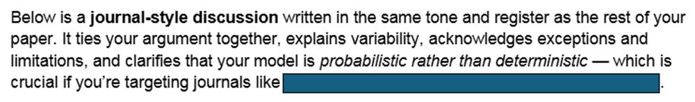 Below is a journal-style discussion written in the same tone and register as the rest of your
paper. It ties your argument together, explains variability, acknowledges exceptions and
limitations, and clarifies that your model is probabilistic rather than deterministic - which is
crucial if you're targeting journals like