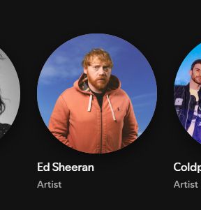 Screenshot of Spotify. Ed Sheeran is illustrated with a picture of Rupert Grint.