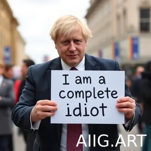 an AI Image of Boris Johnson holding a sign that says "I am a complete idiot".