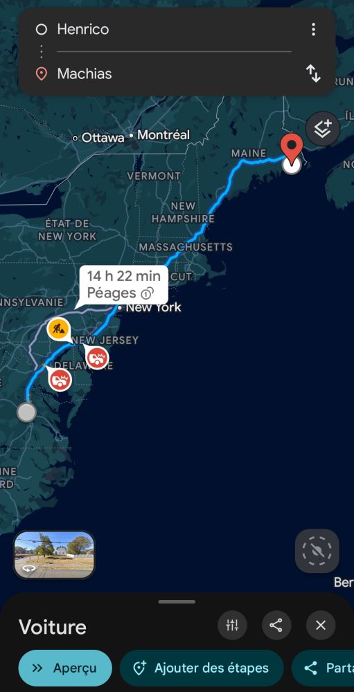 Trajet Google map : Henrico-Machias. 
