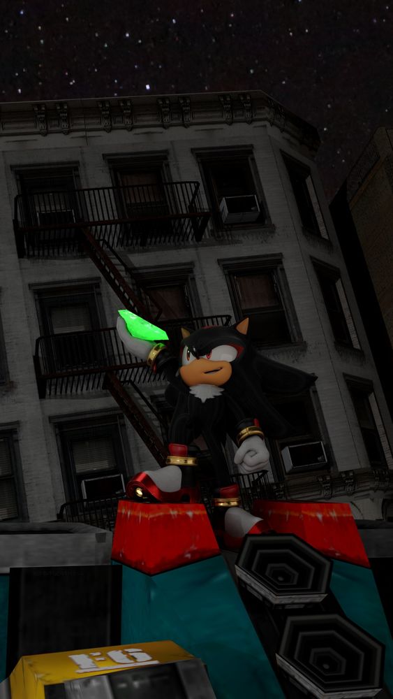A try at recreating the scene of that one cutscene in SA2. Shadow rig: Dokatzo. Buildings: Sketchfab, BigFOOT: Game+Rigged by me, Chaos Emerald: recreation by me