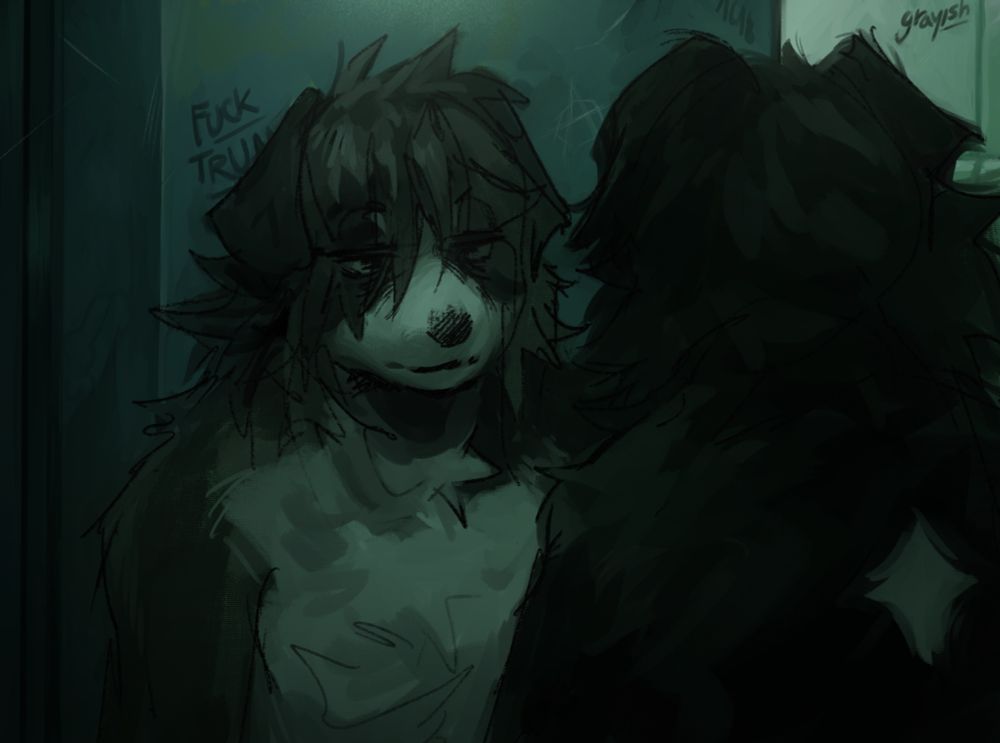 anthropomorphic border collie staring at his reflection in a bathroom mirror. grafitti is strewn across the walls and the glow of flourescent lights illuminate the scene a sickly green. #art #furryart