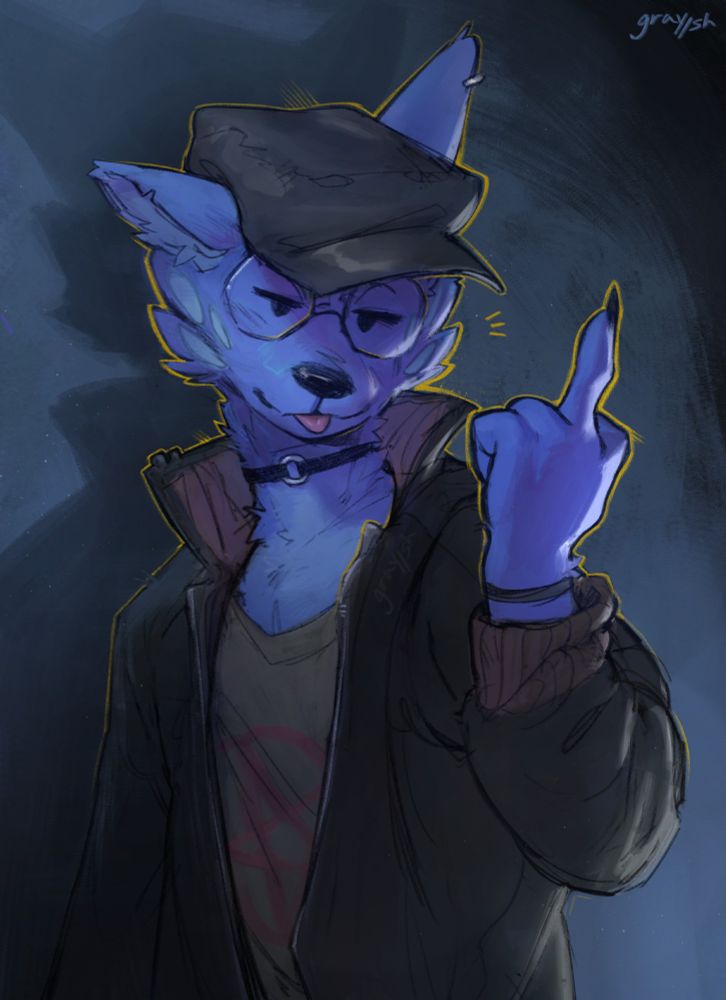 Drawing of a blue, anthropomorphic dog in a jacket and cap flipping off the camera in front of a simple background. #art #furryart