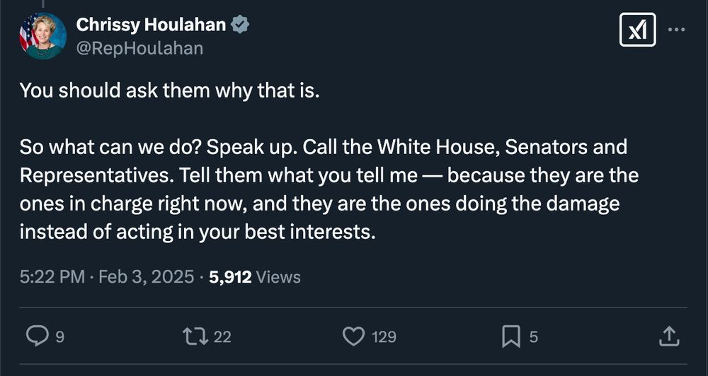 A tweet from Chrissy Houlahan at @RepHoulahan:

You should ask them why that is.
So what can we do? Speak up. Call the White House, Senators, and Representatives. Tell them what you tell me - because they are the ones in charge right now, and they are the ones doing the damage instead of acting in your best interests.
