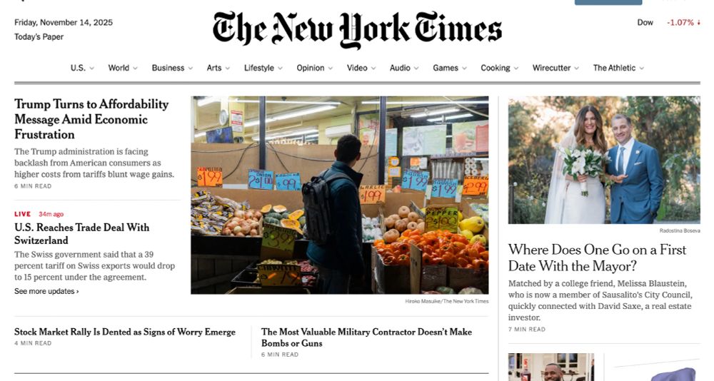 NYT homepage with no mention of Epstein