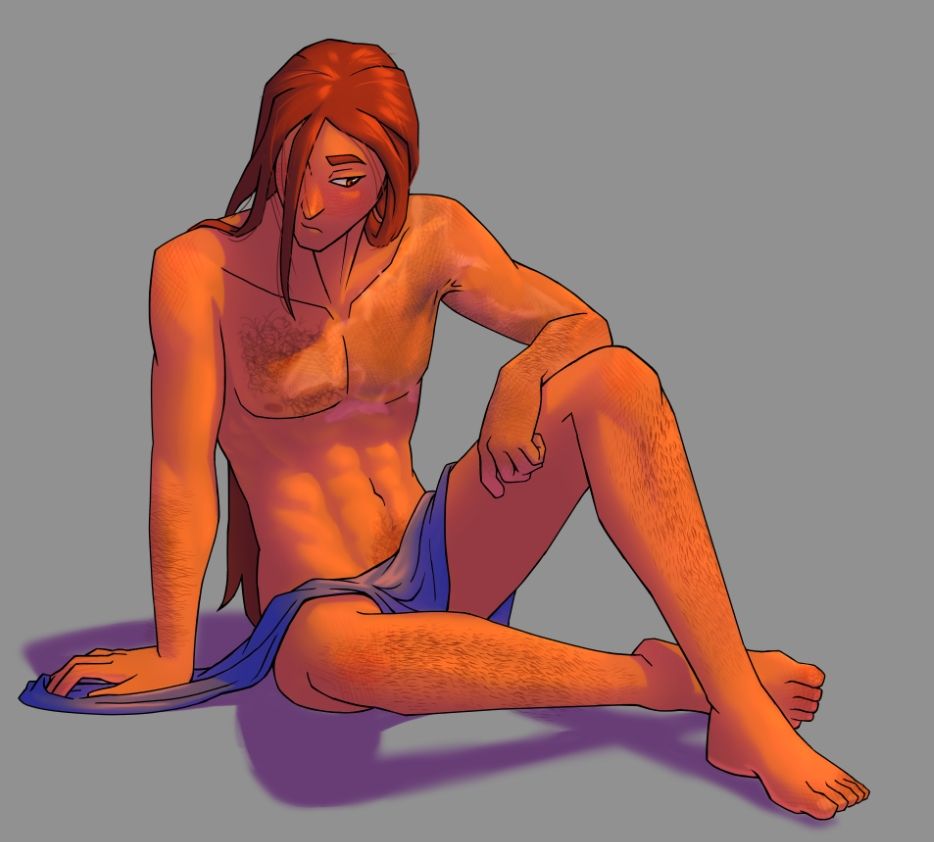 Digital drawing of a young man with long red hair. He's sitting on the floor, one arm resting on his knee. He's entirely nude, except for a blue cloth draped over his waist. From the left side of his chest, down to his left hand, is a burn scar.