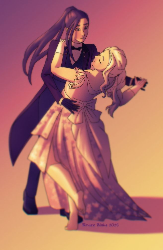 A digital illustration of two women dancing. One is taller, with long, dark hair in a high ponytail, wearing a tailcoat. The other is shorter, with blonde hair and a flowy pink dress with a star pattern on it. 