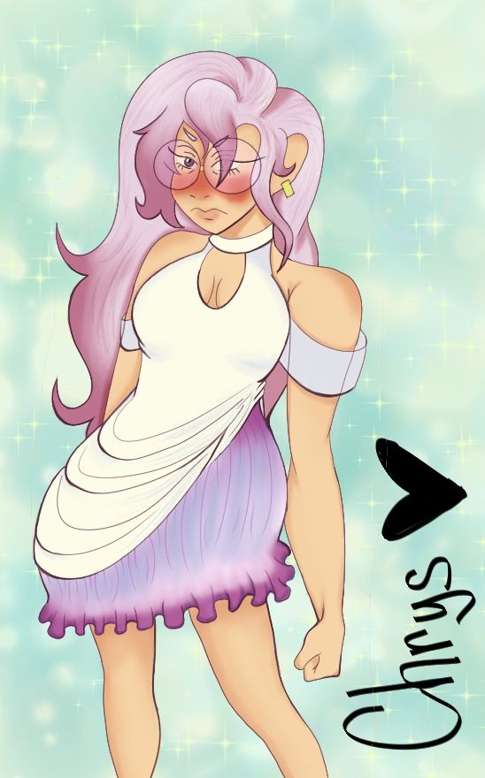 A character with pink hair making a grumpy expression as she wears an elegant dress. The name "Chrys" is on the lower right hand side with a heart next to it.