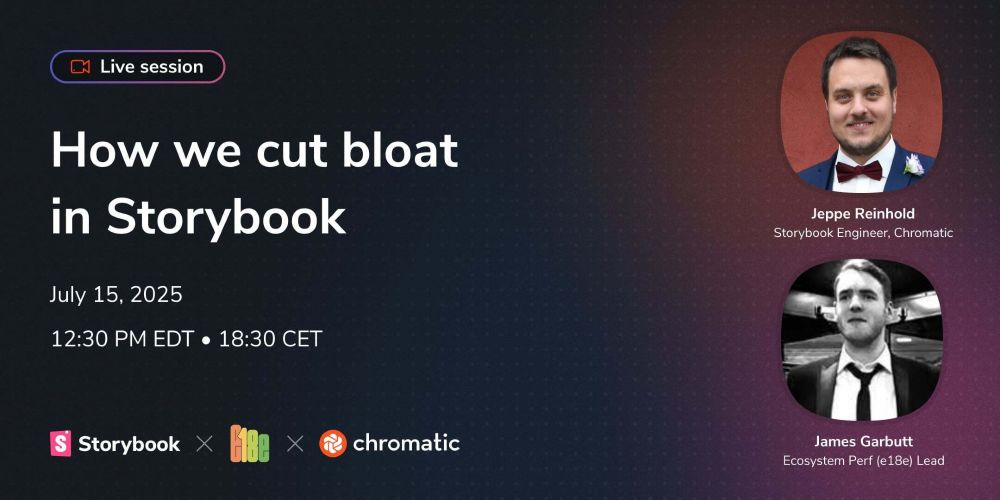 Promo image saying "How we cut bloat in Storybook", featuring Jeppe and James, Storybook, e18e and Chromatic