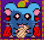 Screenshot of the hamster vampire talk sprite; blue fur low-resolution very pixelated lil guy with a red cape and holding a seed to eat it with vampire fangs, very cute