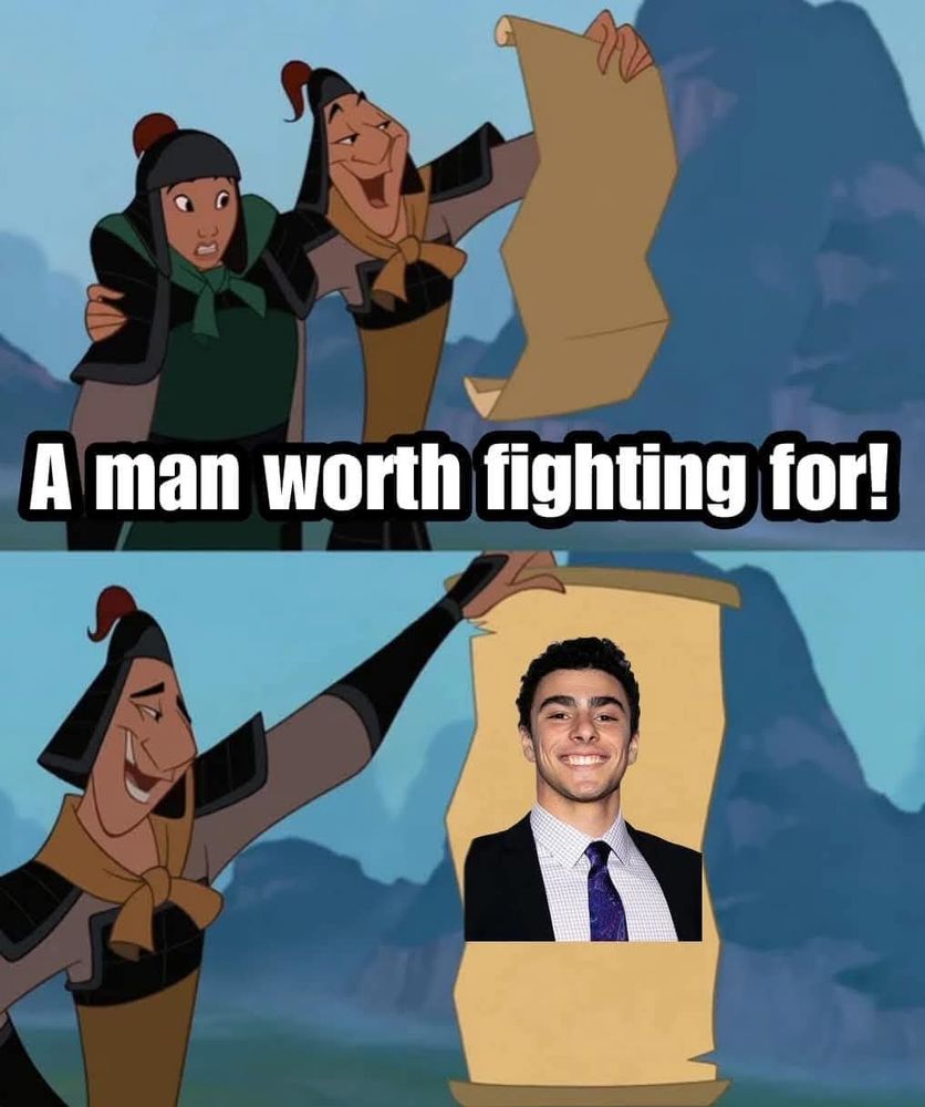 Mulan meme saying "a man worth fighting for" and the man is holding up a picture of Luigi Mangione who shot a CEO
