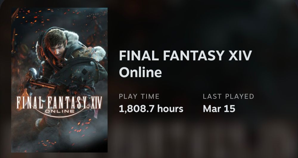 Screenshot of FINAL FANTASY XIV Online in a Steam library, showing a play time of 1,808.7 hours and last played on March 15th 2025.