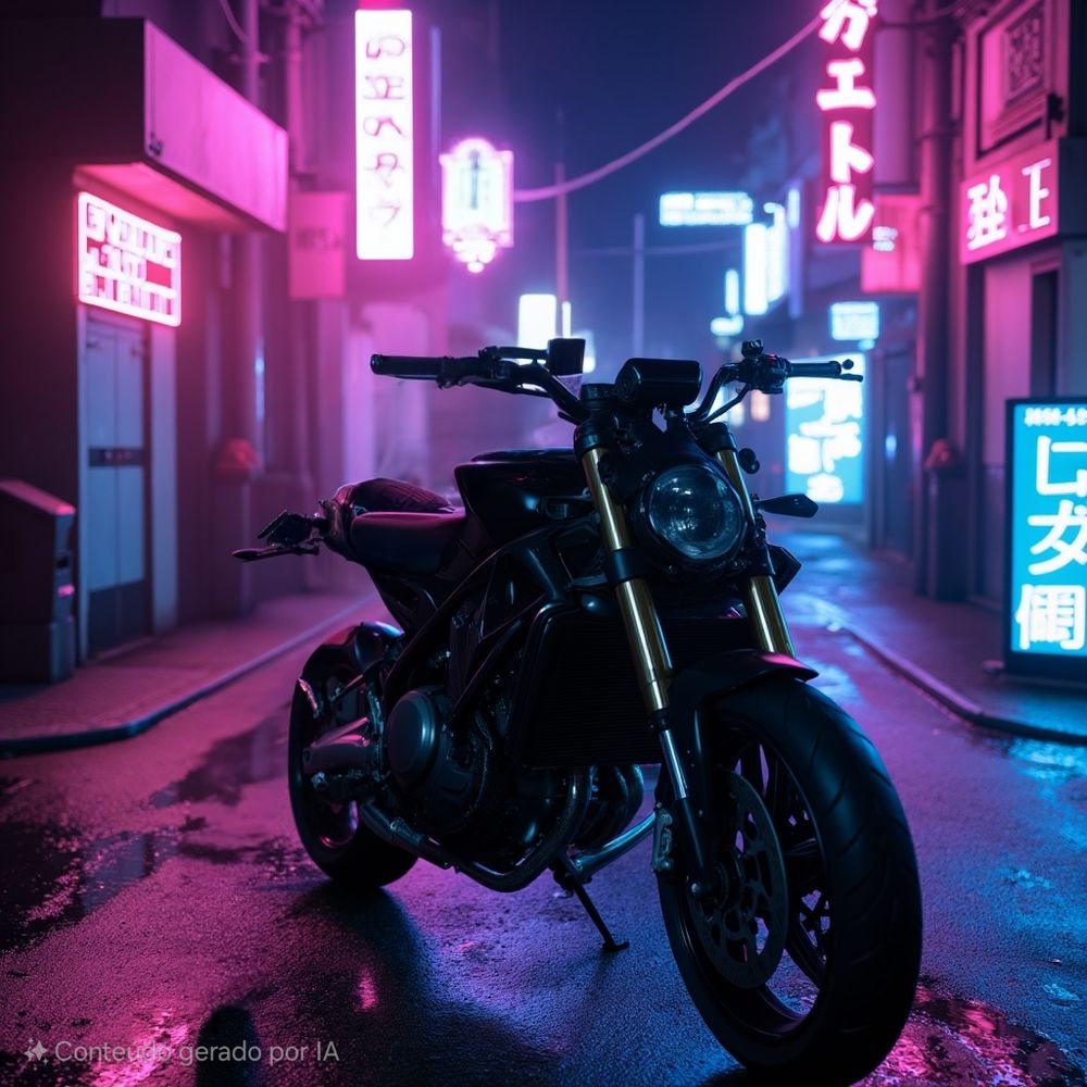 A motorcycle in a cyberpunk city