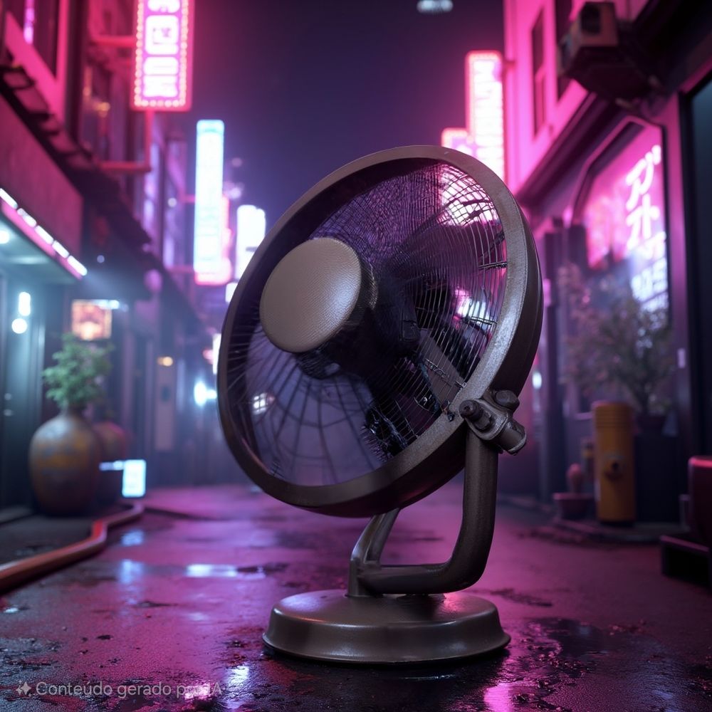 A large fan in a cyberpunk city