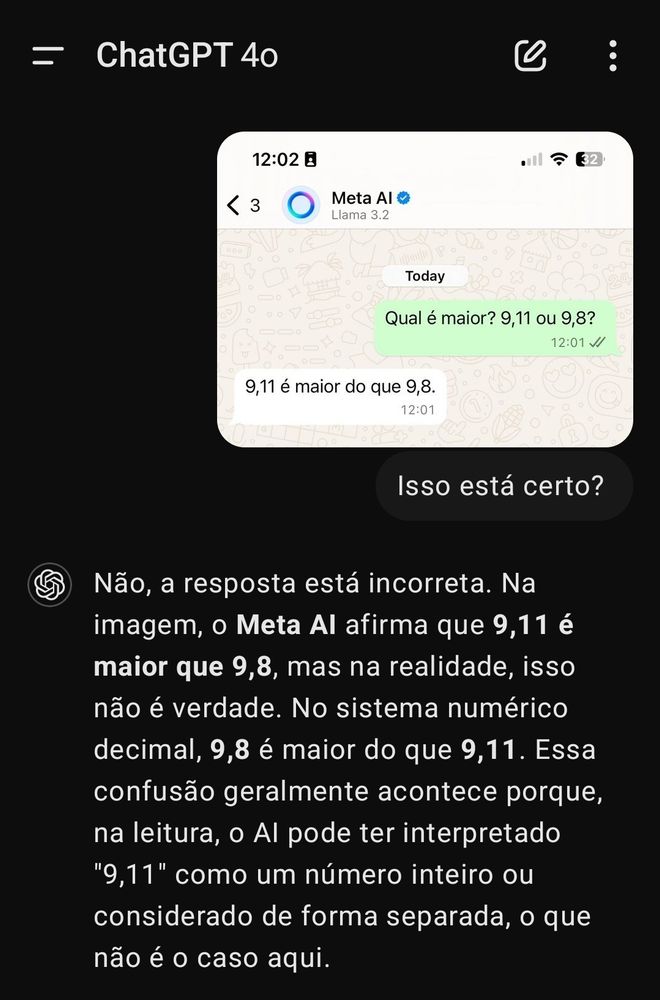 Captura de tela do app do Chat GPT
Imagem de captura de tela doWhatsApp, diálogo com Meta AI : "Qual é maior? 9,11 ou 9,8? %". Resposta da Meta AI "9,11 é maior do que 9,8.".Usuário do chatGPT pergunta se a resposta da Meta AI está certa. Resposta do ChatGPT: "Não, a resposta está incorreta. Na imagem, o Meta AI afirma que 9,11 é maior que 9,8, mas na realidade, isso não é verdade. No sistema numérico decimal, 9,8 é maior do que 9,11. Essa confusão geralmente acontece porque, na leitura, o AI pode ter interpretado "9,11" como um número inteiro ou considerado de forma separada, o que não é o caso aqui."
