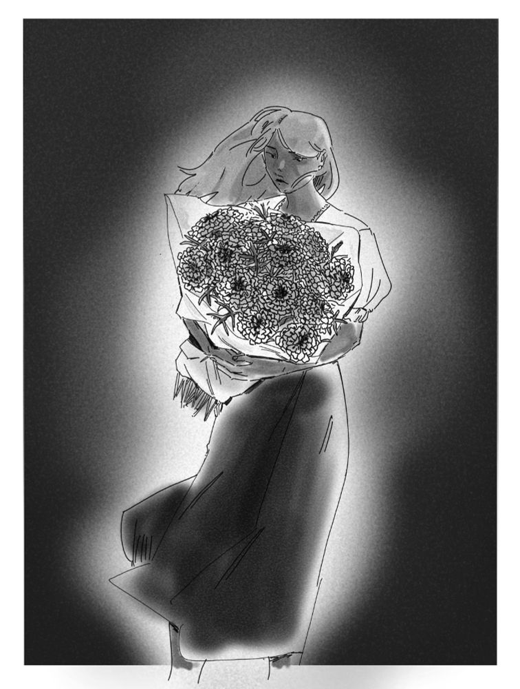 a grainy greyscale drawing of a woman holding an large bouquet of marigolds. wind is lightly blowing her hair and skirt. 