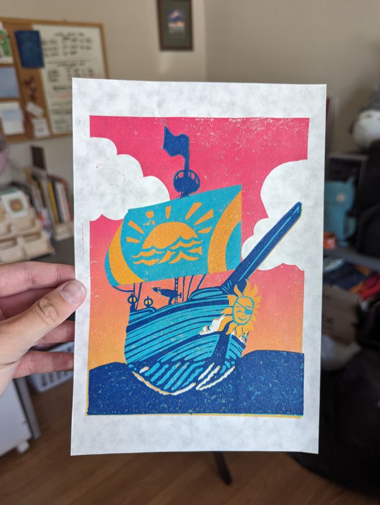 A reduction print of a dark blue sloop, from Sea of Thieves, sailing the ocean, with a golden smiling sun figurehead, golden hour sails, and a sky changing from red to orange.