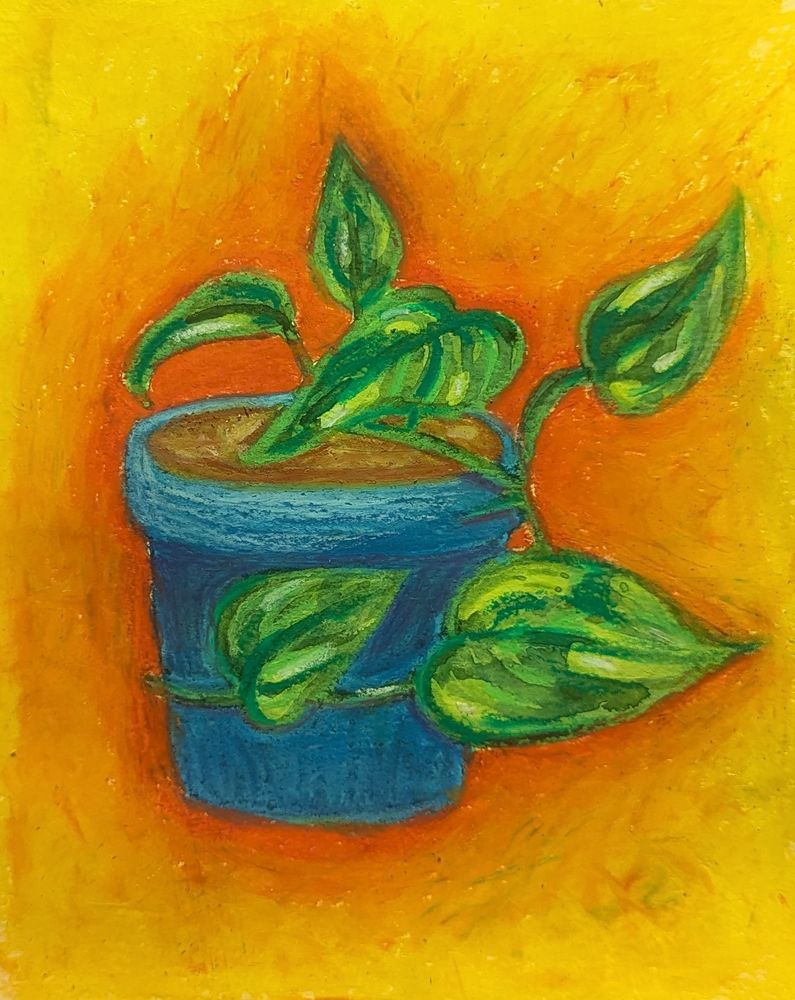 Mixed media, watercolor and oil pastel. Multicolor green pothos leaves growing from a blue pot. The background is orange closest to the plant and blends to yellow further out.