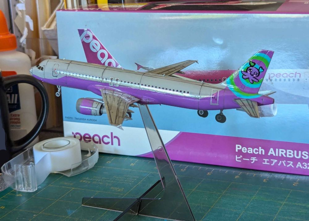 Completed Airbus model kit from the side on it's stand