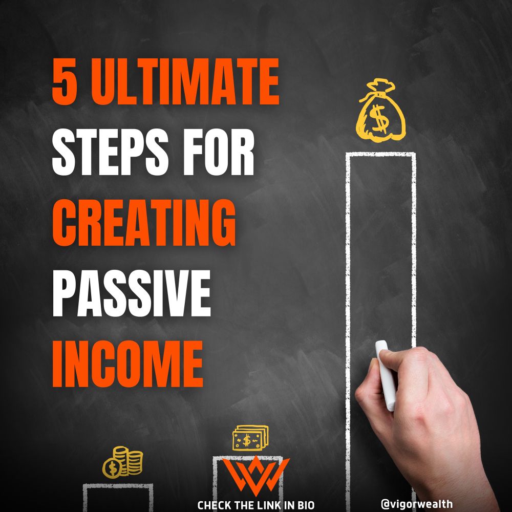 @vigorwealth chalkboard graphic showing hand drawing checklist for 5 ultimate steps for creating passive income, with gold money bag and cash icons representing financial goal achievement