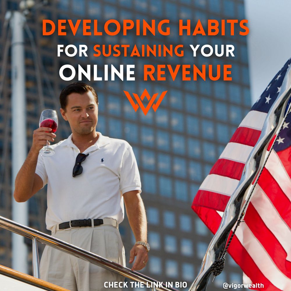 @vigorwealth lifestyle success image showing confident person with wine glass on yacht with American flag and city skyline, representing sustained online revenue and wealth-building habits