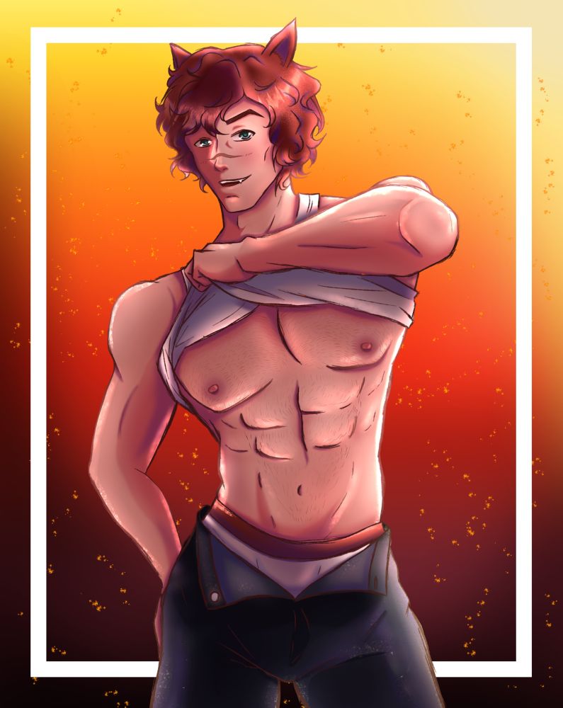 An illustration of Sett from LoL/Heartsteel. He is pulling up a white tank top with one hand to expose his abs. His jeans are unbuttoned with a bit of his underwear peaking out. He is grinning at the viewer and has his other hand on his hip. He’s standing in front of a yellow to dark red gradient background with added fiery sparks and a white frame.