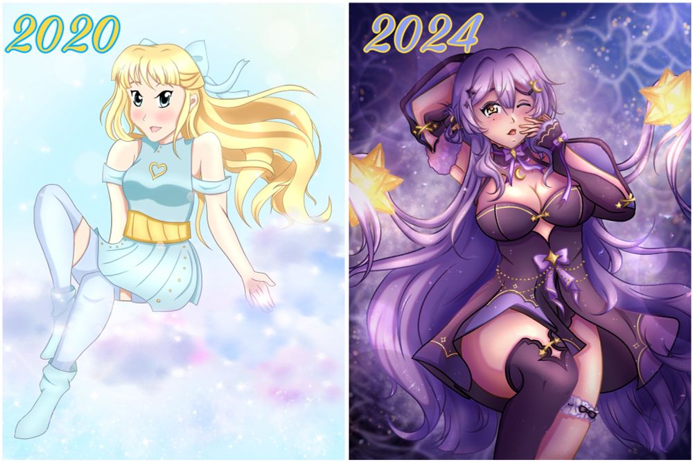 A collage of two anime style drawings next to each other. On the left is a blonde girl (OC Cora by kotohiime on insta) in front of a light blue background sitting on pastel clouds. Her long hair is blowing in the wind and she‘s wearing a light blue and gold outfit/short dress. One leg is propped up on the cloud. On the right is a purple-haired elf (OC Lumi by lumitiem on insta) in front of a blue/purple water surface background. She‘s laying down, long hair splayed out around her and wearing a black dress with purple and gold accents. She has one leg propped up and has one hand raised to her mouth to signify a yawn. Two strands of hair are held up by glowing, floating maravian stars. In the top left corner of each half there is a year written, showing that the left image was drawn in 2020 while the right one was drawn in 2024. Both were DTIYS entries.