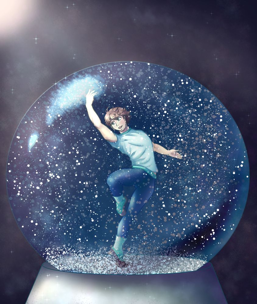An anime-style drawing of Oikawa from Haikyuu doing a ballet dancer pose inside of a snow globe. He is balancing on one foot while having his other leg held 90 degrees to his waist with the toe tip pointed towards the standing leg. His right arm is reaching up, the entire body is curved to the right. He stands inside of a clear snow globe in front of a dark background. 