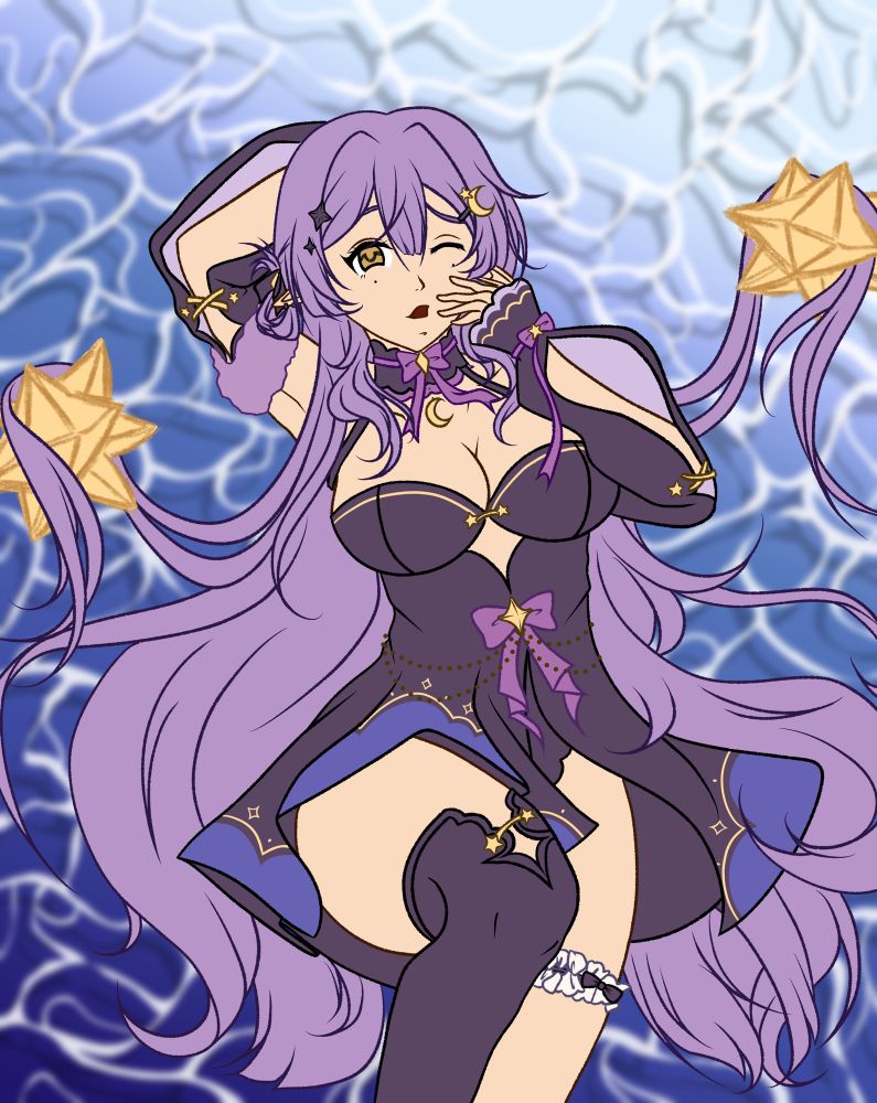 Work in progress of a drawing of @/lumitiem‘s sona Lumi lying on a background of shimmering water and yawning. The art only has flat colors yet, and no shading.