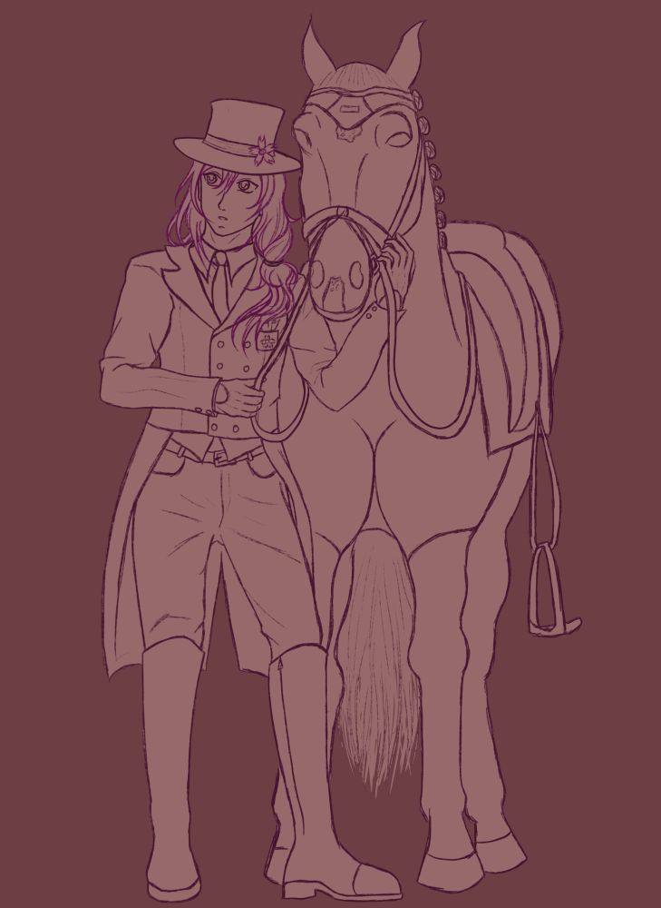 A full-body sketch of Kaoru / Cherry Blossom from Sk8 the infinity dressed up in equestrian clothes. He is standing next to a horse that is facing the viewer. Kaoru is holding the reigns and has one hand on the horse‘s face while looking slightly to the left. The sketch is in a pale shade of maroon on a dark maroon background.