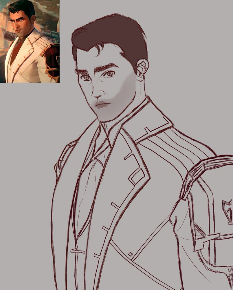 A sketch on a grey background. A screenshot redraw from season one of arcane, specifically of the scene where Jayce and Silco negotiate. The specific screenshot - showing only Jayce - is shown in the upper left corner. He is facing left with his head turned towards the viewer. He wears a serious expression and his councillor suit.