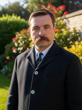 Colour reconstruction of 1905 photo as if taken today, of 33-yr-old man in a garden.