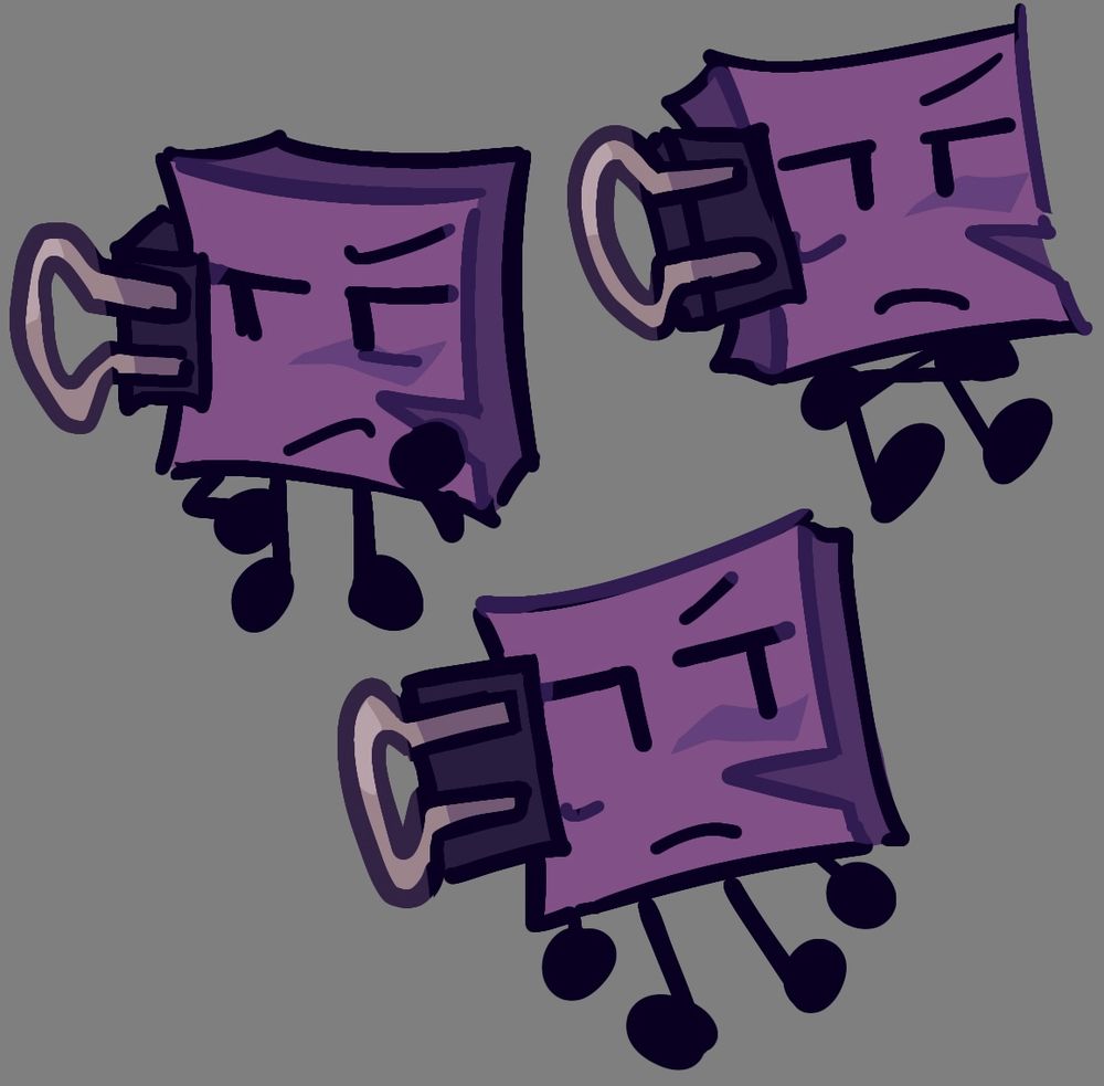 Lacy is a purple stack of sticky notes with a clamp on her side, and a small tear and wrinkle on her front page that resemble scars. These are 3 doodles of her in somewhat distinct poses, she is angry in each of them.
