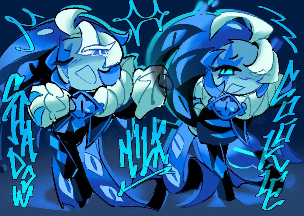Rendered digital artwork of 2 Shadow Milk Cookies side by side. The one on the left is posing as if he's singing while the one on the right bows theatrically. Both are smiling and have one eye closed. The background is dark with blue lighting resembling spotlights below their feet. The drawing is overlaid by a few cyan scribbles and Shadow Milk Cookie's name in flashy cyan writing.