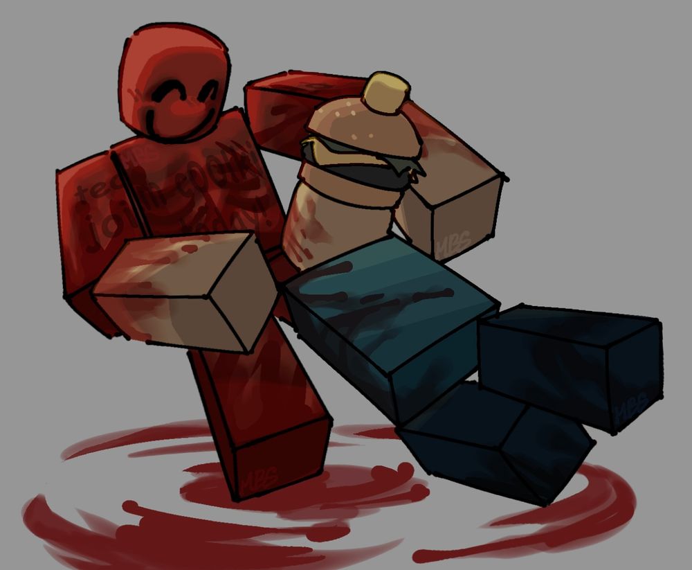 Rendered drawing of coolkidd and 007n7 in the blocky style. coolkidd is smiling cheerfully, holding a limp 007n7 by the hands and spinning him around. 007n7 is facing away from the camera, his feet are slightly off the ground from the motion. Both of them are covered in blood, and there are circular smears of blood on the ground, indicating that they're spinning. The background is a solid light gray.